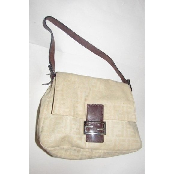Fendi Mamma Zucca Style Shoulder Purse F Logo Print In Shades Of Tan Canvas - Picture 4 of 11